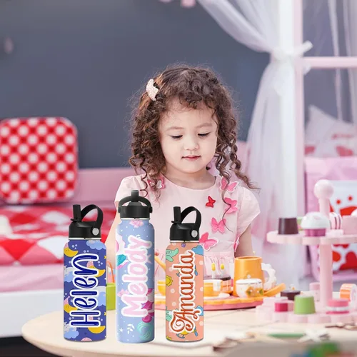 Vista 5 de Botella de agua aislada personalizada para niños, botella de agua personalizada con nombres, botella de agua de acero inoxidable con tapa de popote