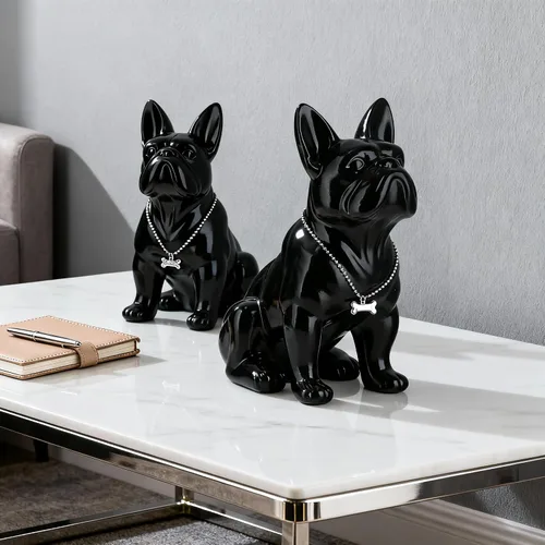 Vista 8 de Estatua negra de bulldog francés, estatua de pug sentado de resina, escultura de bulldog inglés para decoración del hogar, decoración de escritorio