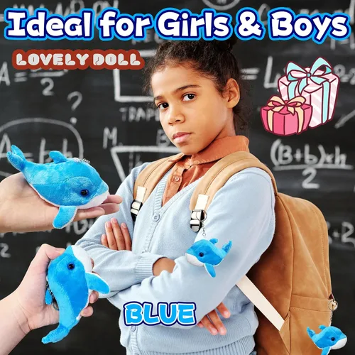 Vista 6 de Peluche de delfín azul (paquete de 1), peluches Kawaii para niñas y niños, juguetes de peluche de delfín para niños, llaveros de animales marinos