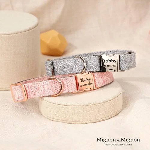 Vista 5 de Collar de perro personalizado, nombre de mascota personalizado e información de contacto grabada, collar de algodón ajustable para perros pequeños