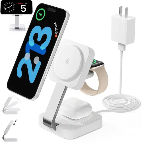 Vista 6 de Estación de carga rápida magnética inalámbrica 2025, cargador magnético 3 en 1 con teléfono i 17, 16, 15, 14, 13, 12 Pro Max, serie Apple Watch