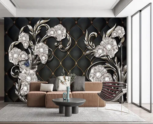 Vista 47 de Papel tapiz mural de pared 3D de metal rojo y negro para dormitorio, 137" x 100