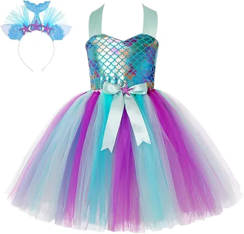 Vista 3 de Gomukot Girls Mermaid Costume LED Light Up Tutu Dress Up Birthday Gifts Princess Dress for Halloween Party