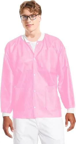 Vista 29 de Paquete de 10 chaquetas desechables de laboratorio, chaqueta médica reutilizable hasta la cadera, unisex, con puños de punto y bolsillos