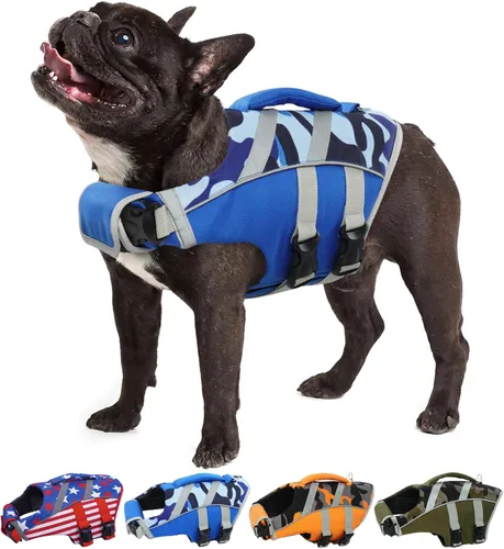 Vista 18 de Kuoser Chaleco salvavidas reflectante para perro, chaleco salvavidas para nadar y navegar Chalecos salvavidas ajustables para mascotas, traje