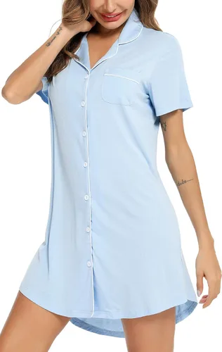 Vista 152 de Samring Camisón de pijama para mujer, manga corta/larga, con botones, camisón para dormir, camisón para novio, talla XXL