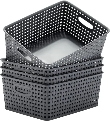 Vista 9 de Eslite Cestas de almacenamiento de plástico para organizar, 11 x 8.5 x 4.7 pulgadas, paquete de 4 (negro)