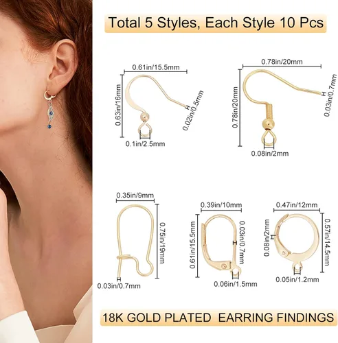 Vista 2 de Beebeecraft 50 ganchos para aretes de 5 estilos con bucle, chapados en oro de 18 quilates, ganchos para orejas de pez, arracadas con cierre de Dorado