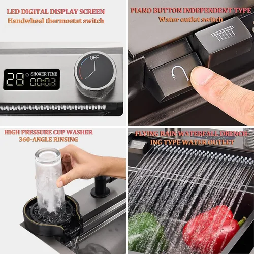 Vista 5 de Fregadero de cascada volador con pantalla digital, fregadero de cocina, fregadero de barra de acero inoxidable 304, con lavabos de copa, instalación
