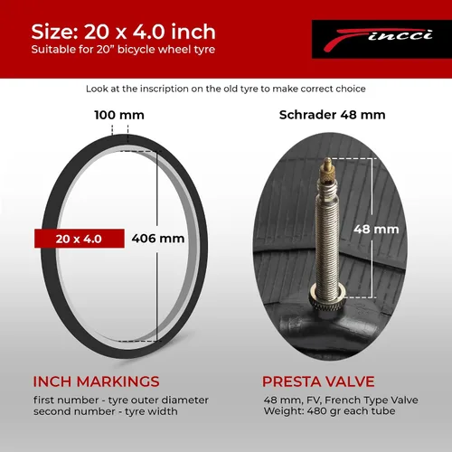 Vista 2 de Fincci Durable 20x4.0 Fat Tire Tube - Pair 20 Inch Bike Tube with Presta/Schrader Valve – Value Pack, Reliable Air Retention and Easy to Install 2X