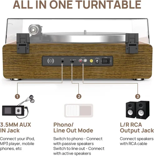 Vista 5 de Tocadiscos con altavoces incorporados, reproductor de discos de vinilo con soporte para reproducción Bluetooth, parada automática, velocidad de 33