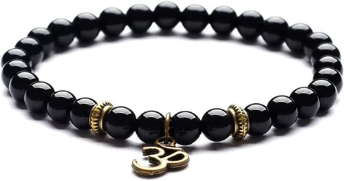 Vista 3 de Domika Pulsera de cuentas de ágata negra con cabeza de Buda y terapia de oración budista OM Juego de pulseras elásticas religiosas
