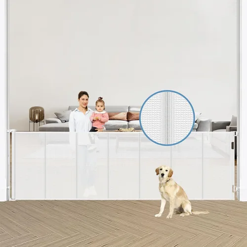 Vista 9 de Puertas retráctiles reforzadas para bebés con varillas de soporte, se extienden hasta 55" de ancho, puerta retráctil para perros para entradas