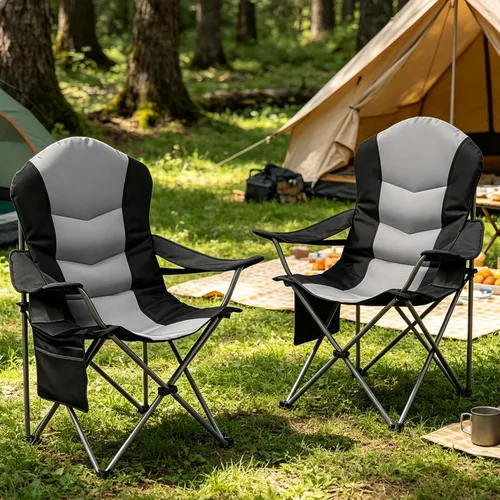 Vista 16 de Sillas plegables de camping para adultos, sillas de césped acolchadas con respaldo alto para exteriores con soporte lumbar y soporte para tazas