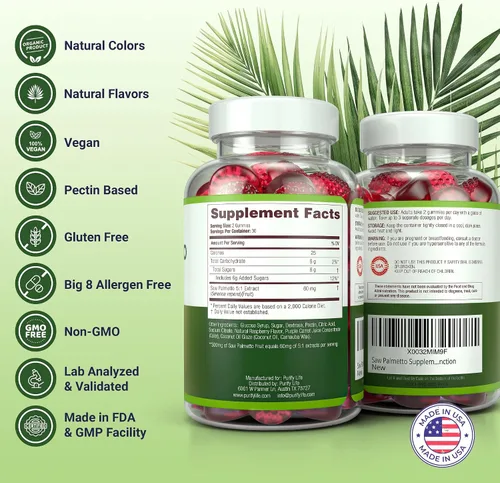 Vista 3 de Purify Life Gomitas Saw Palmetto para hombres y mujeres, suplemento de extracto de palma enana americana para el crecimiento del cabello, equilibrio