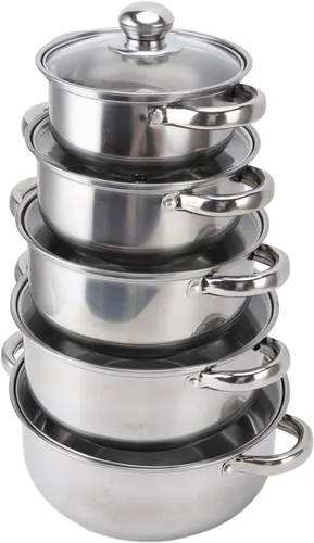 Vista 3 de Generic Juego de ollas de acero inoxidable, elegantes utensilios de cocina con mango de desgaste térmico, tapas de vidrio, base apilable, juego de 5