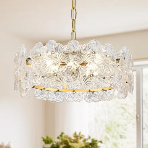Vista 14 de Lámpara colgante de cristal dorado, paquete de 1 lámpara colgante de techo pequeña con flores modernas, 1 luz para cocina, isla, fregadero, comedor