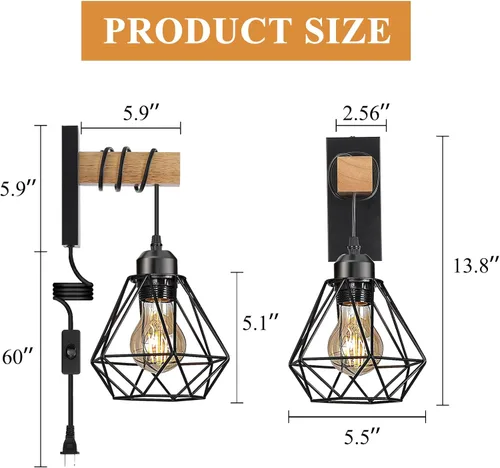 Vista 6 de Juego de 2 apliques de pared enchufables, luces de pared de granja con cable de enchufe, lámpara de pared rústica negra para dormitorio, mesita