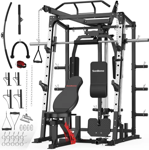 Vista 11 de SunHome Smith Machine, soporte para sentadillas Power Cage con barra Smith, sistemas de tracción LAT, máquina cruzada de cables y accesorio de cable