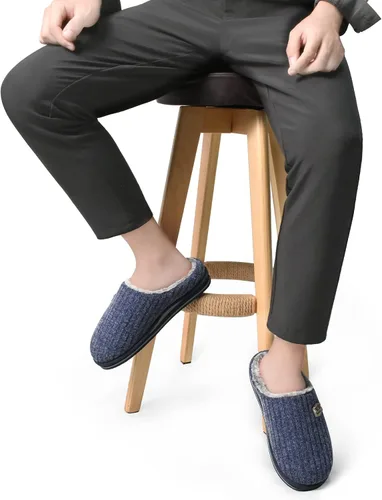 Vista 7 de KuaiLu Pantuflas ortopédicas de espuma viscoelástica para hombre, a la moda, casual, mezcla de lana, a rayas, tejidas con forro de felpa sherpa