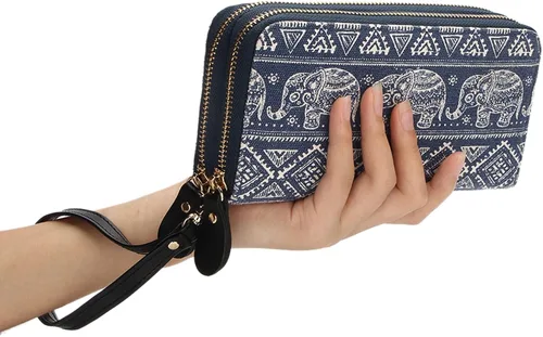 Vista 6 de LATH.PIN RFID Blocking Bohemian Purse Wallet Canvas Elephant Pattern Handbag with Coin Pocket and Strap
