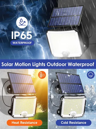 Vista 8 de PIKOY Luces solares con movimiento para exteriores impermeables, [Actualización 318LED/33FT/5 modos] Luces solares de seguridad, control remoto +