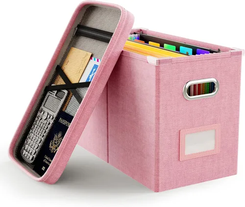 Vista 22 de Oterri Caja organizadora de archivos con tapa, caja de archivos colgante con bolsillo de malla, caja organizadora de documentos para archivos