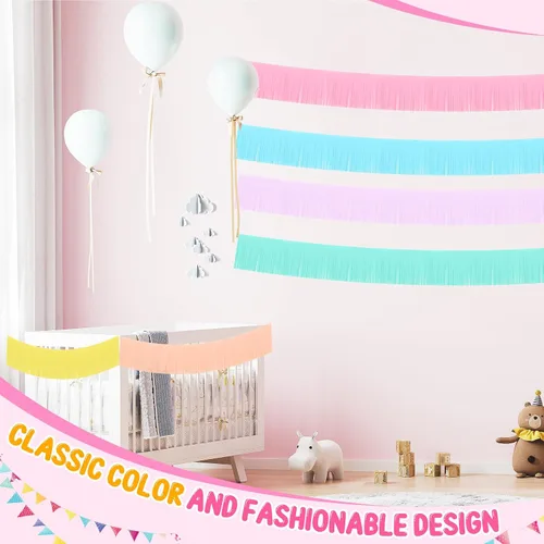 Vista 6 de Taiyin Paquete de 12 guirnaldas de flecos de macarrón de 120 pies de papel pastel con flecos, guirnalda de fiesta para colgar en la pared, telón
