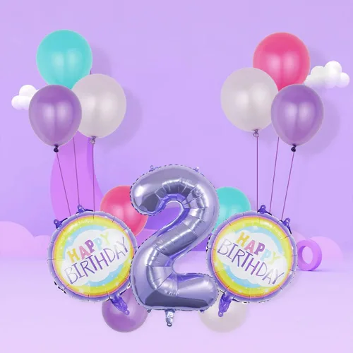 Vista 5 de Globos, globos morados, suministros para fiesta, globos de tercer cumpleaños, 32 pulgadas, tamaño grande, arco iris, número 3, suministros