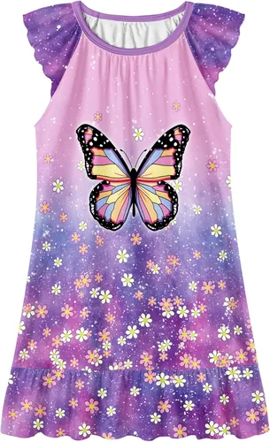 Vista 15 de LQSZ Camisón de noche para niñas, manga con vuelo, ropa de dormir de 3 a 10 años