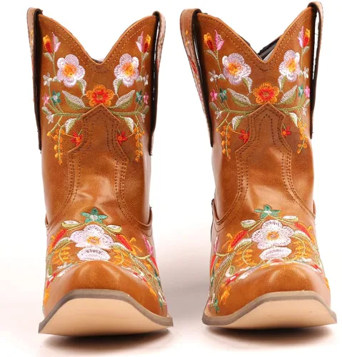 Vista 2 de SO SIMPOK Botas vaqueras para mujer, botas occidentales con bordado de flores, tacón grueso retro, botines cortos para montar