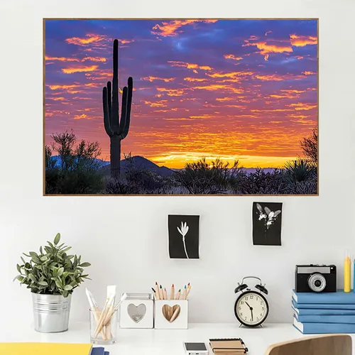 Vista 2 de QAZWSX Pintura de diamantes de cactus solitario con fondo brillante del amanecer del desierto en Arizona para adultos, kit de pintura de diamantes