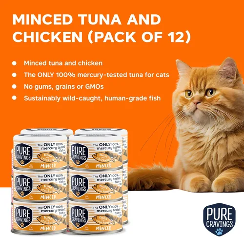 Vista 2 de Pure Cravings Alimento enlatado húmedo de atún y pollo picado para gatos, 100% probado con mercurio, lata de pescado húmedo para gatos, sin granos