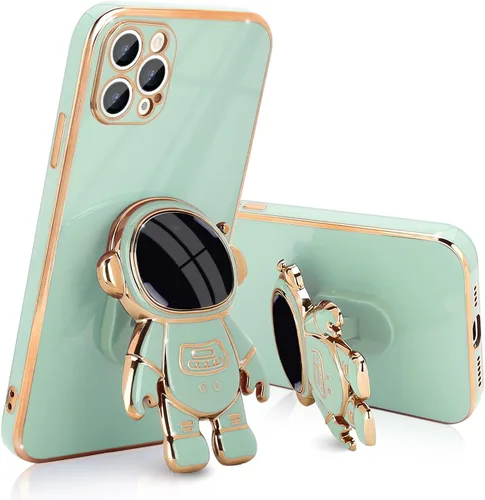 Vista 11 de Pepmune - Funda para iPhone 13 con soporte de astronauta 3D, color negro Luxury Electroplated Soft Silicone Cover with Holder, Lovely 3D Cartoon