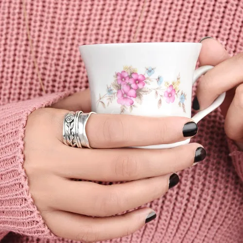 Vista 5 de Boho-Magic Anillo giratorio de plata de ley 925 para mujer, diseño de flor rosa, alivio de la ansiedad, banda ancha