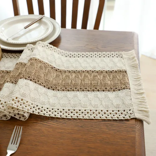 Vista 4 de Simple&Opulence - Camino de mesa de macramé estilo bohemio - 12 x 60 pulgadas, camino de mesa de algodón estilo granja con bordes trenzados