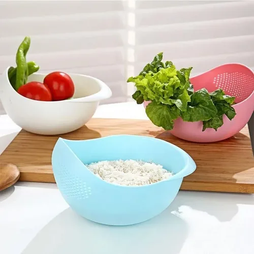 Vista 5 de Colador de plástico para arroz, colador de cocina, con asas, colador de arroz, colador, colador, utensilios de cocina (azul)