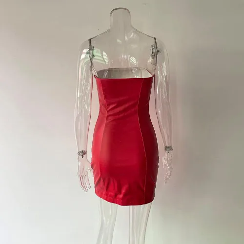 Vista 4 de Vestido sexy de mujer con hombros descubiertos, de piel sintética, sin tirantes, con parte superior de tubo, vestido ajustado para fiesta y club