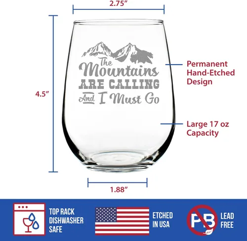 Vista 4 de Custom The Mountains Are Calling And I Must Go - Personalized Stemless Wine Glass - Fun Mountain Themed Gift or Décor - Large 17 Ounce - Customized