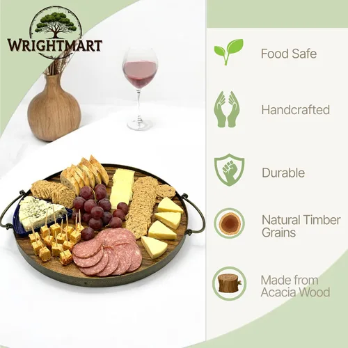 Vista 3 de Bandeja redonda de madera para servir, asas de hierro, tablero de madera de acacia rústica, decorativo para alimentos y bebidas para el hogar, 14