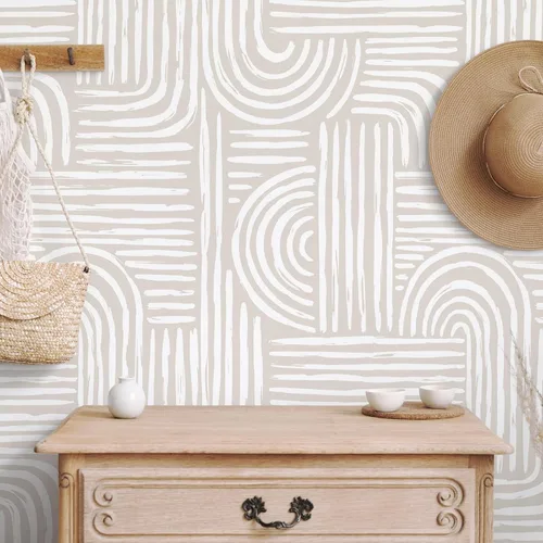 Vista 4 de VEELIKE Papel tapiz geométrico neutro para despegar y pegar, papel tapiz abstracto bohemio para dormitorio y baño, 17.7 x 118 pulgadas, papel tapiz