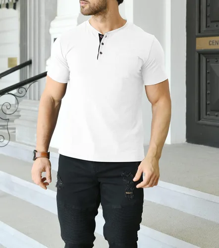Vista 5 de MLANM Camisas Henley de manga corta con botones de algodón para hombre