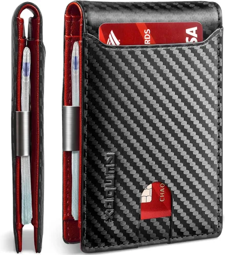 Vista 9 de RUNBOX - Carteras delgadas para hombre, cartera de piel con pinza para el dinero, cartera de bolsillo frontal con bloqueo RFID, tarjetero