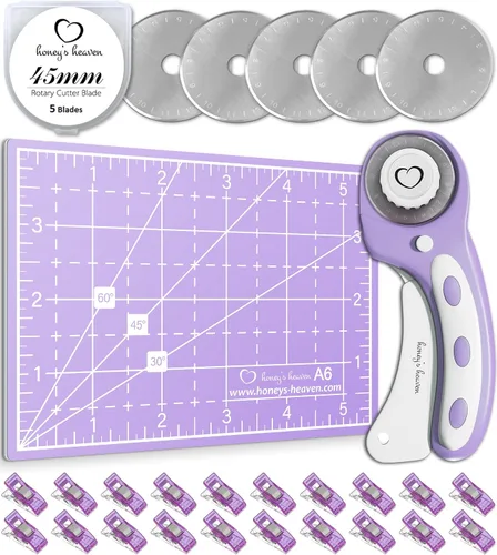 Vista 15 de Juego de cortador giratorio - Kit de acolchado incl. Cortador de tela de 45 mm, 5 cuchillas de repuesto - Ideal para manualidades, costura, parcheo
