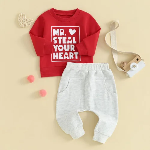 Vista 2 de Conjunto de sudadera con estampado de letras para el día de San Valentín para bebé, niño, niña, ropa de primavera 1 Rojo Gris