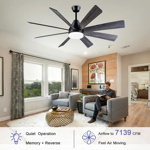Vista 2 de Ventilador de techo iluminado de 62 pulgadas, negro, con control remoto, función de memoria completa, funcionamiento silencioso, ideal para garajes
