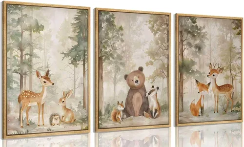 Vista 8 de MIZILI Lienzo de animales del bosque para cuarto de bebé, arte de pared, pinturas de animales salvajes, acuarela, decoración de pared, oso zorro