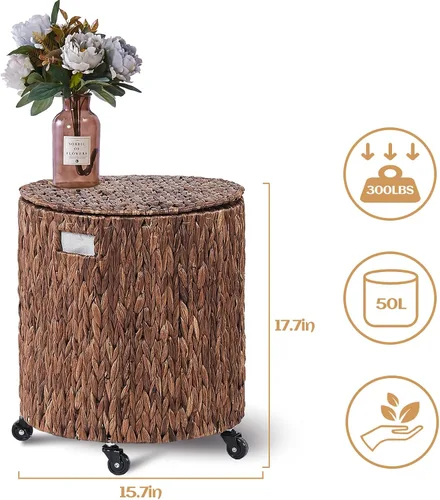 Vista 3 de Wimarsbon Cesta de Almacenamiento Vintage, Cesta Rodante Multiusos con Ruedas Frenables y Tapa, Cesta de Lavandería Trenzada, Organizador