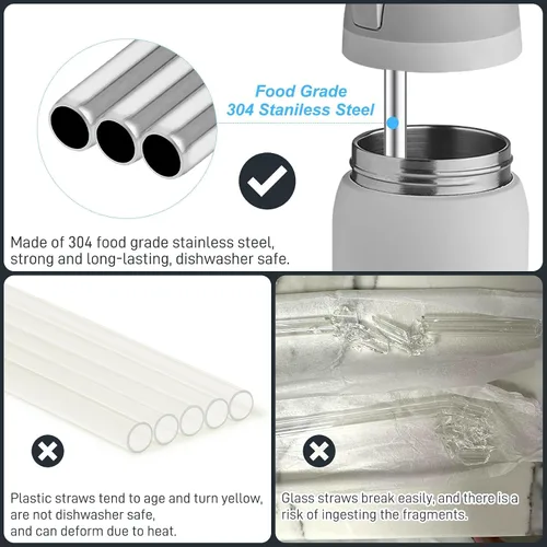 Vista 5 de 4 piezas de pajitas de acero inoxidable de repuesto compatibles con botella Owala 24 oz 32 oz, pajitas reutilizables con 2 cepillos de limpieza