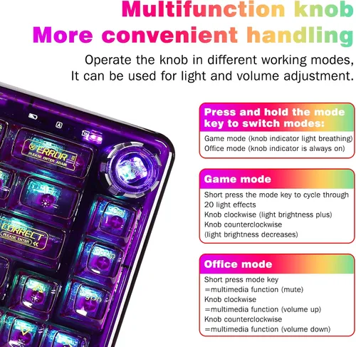 Vista 2 de CC MALL 60% Portable Transparent Gasket Mechanical Gaming Keyboard,RGB Backlit Compact 68 Clear Keycaps,Include 2.4GhzBluetoothUSB-C Connections,Ice